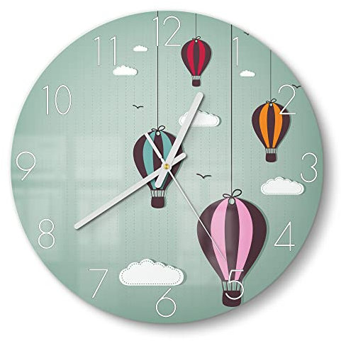 DEQORI Glasuhr | rund Ø 30 cm | Motiv Comic Heißluftballons | ausgefallene leise Design Uhr aus Glas | Wanduhr für Wohnzimmer & Küche | Moderne Hingucker Uhr für die Wand