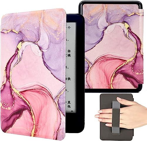 KEROM Case for 6.8 Kindle Paperwhite (11th Generation, 2021) and Kindle Paperwhite Signature Edition, PU Leather Protective Cover Case with Hand Strap, Card Slot, and Auto Sleep/Wake - Pink Marble