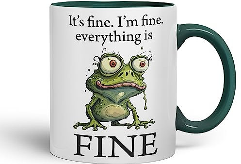 Vixar Frog It's fine I'm fine Everything is fine Ceramic Mug Coloured Mug Cup Gift Tea Coffee Father's Day Christmas (D Green)