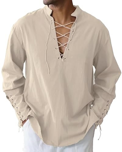 LUYANA Herren Klassisch Schottisch Jacobit Ghillie Kilt Shirt Leinen Baumwolle Hemd Khaki L