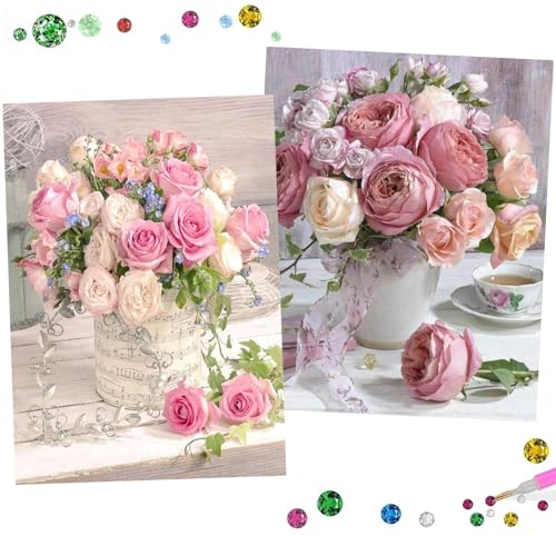 Uirheurd Diamond Painting Blumen Set - 2 Stück 5D Erwachsene Landschaften und Rosen Arts Craft Diamant Malerei Kits für Heimdekoration (35×25cm)