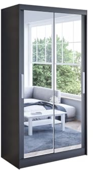 Easy4You K7 100 cm Black Sliding Doors Wardrobe 100 x 200 x 58 cm with Mirror - Bedroom Furniture, Storage - Multi-Purpose Cabinet