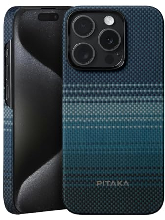 pitaka Hülle für iPhone 15 Pro aus 100% Aramidfaser Gewebt Kompatibel mit Magsafe Ultradünne Handyhülle Robuste Schutzhülle mit Kameraschutz und Fusion Weaving [MagEZ Case 5] Mondaufgang