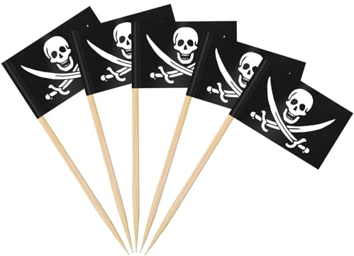 AhfuLife 100pcs Pirate Toothpick Flags Cake Toppers, Food Flags for Buffets, Cocktail Stick Flag for Pirate Party Sandwich Food Toppers Birthday Theme Party Supplies Halloween Decor