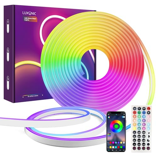 LUXONIC Neon LED Band 5M, Bluetooth RGB Led Strip,APP Steuerung,mit Fernbedienung, IP65 wasserdichte flexible Neon LED Streifen,Neon LED Lichter für DIY Deko Gaming Room, TV,Party und Schlafzimmer