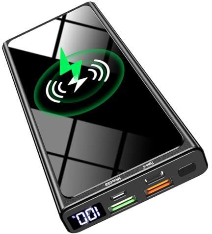 Wireless Power Bank, 10000mAh Portable Charger PD20W QC3.0 15W Wireless Charging LED Display,External Battery Pack,2 Inputs and 4 Outputs(Qi & USB C) for iPhone Samsung Huawei iPad Headset etc (black)