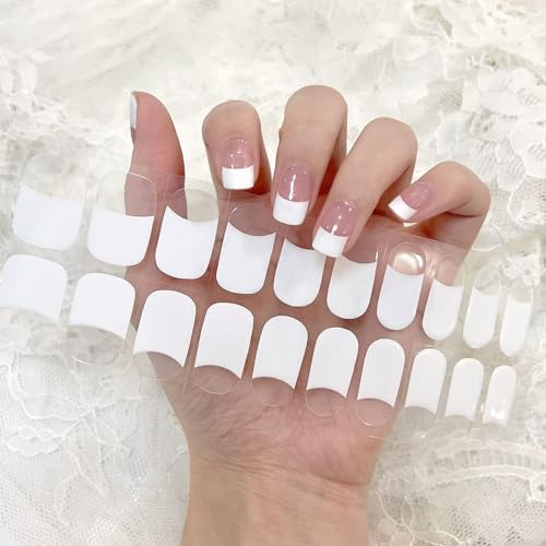 Boloshine Semi Cured Gel Nail Stickers, 22 Pcs Solid Color Self-Adhesive Nail Wraps, Long-Lasting Full Wraps, UV/LED Lamp Required (French White)