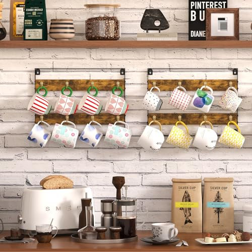 Coffee Mug Holder Wall Mounted - 16 Hooks Rustic Wood Organizer Hanger Display Shelf for Kitchen, Home, Bar, Office