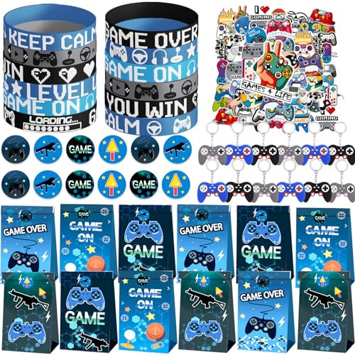 98 PCS Gaming Party Bag Fillers Gamer Party Favours with Gaming Keychain Party Bags Button Stickers Miner Party Supplies Goodie Bag Fillers for Kids Boys (Blue)