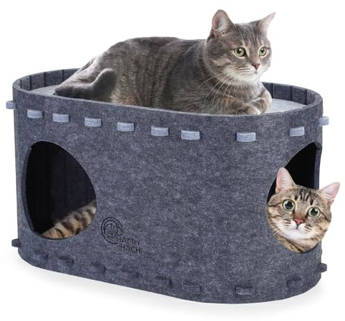 HAPPY HACHI Katzenhöhle Filz, Katzenbett und Tunnelhaus Faltbar 2in1, Katzenhaus Indoor für Katzen bis zu 10 kg, Abnehmbarer katzenbett höhle, 58 * 30 * 33cm