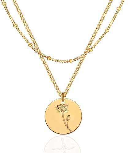 Jenosy 18K Vergoldet Geburt Blume Kette Layered Damen Gold Kette mit Lotus July Anhänger Hypoallergene Modeschmuck für Frauen und Mädchen