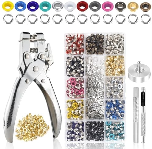 Jeinbuil Set di pinze per occhielli con 700 occhielli (diametro 5 mm, 13 colori) per tela, teloni, pelle, tende, tende da sole, tessuto fai da te