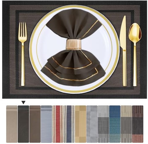 ARTAND Black Gold Table Mats Set of 12 Woven Vinyl Place Mats for Dinner Table - Washable & Durable Indoor/Outdoor Use - 12 Pcs, 01 Black Gold