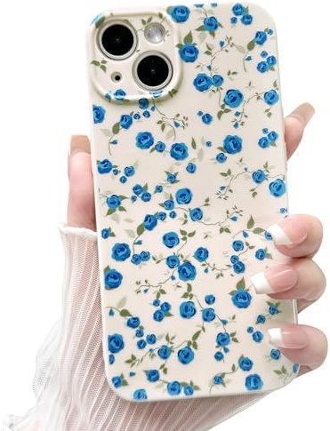 NITITOP Compatible with iPhone 14 Plus Case Cute Flower for Women Girls Floral Blue Rose Design Vintage Shockproof Soft Girly Slim TPU Fashion Protective Phone Cover - Blue