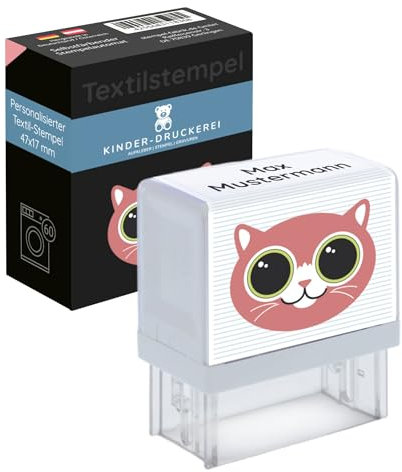 KINDER-DRUCKEREI Personaliserter Textilstempel/Namenstempel für Kleidung - Wasserfester Stempel zur Markierung von Textilien im Kindergarten & Schule (Katze)