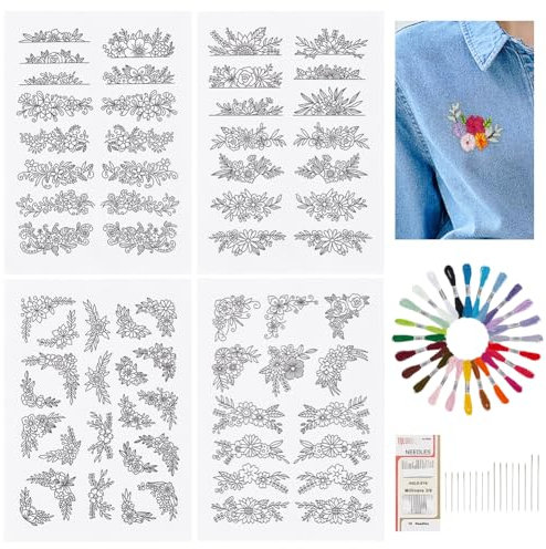 BENECREAT 44Pcs wasserlösliche DIY Blume Stickerei Muster Kits, einschließlich 4 Blätter Hilfs Stickerei Zeichnung, 24 Farben Stickgarn, 16Pcs Sticknadel für Anfänger Nähen Liebhaber