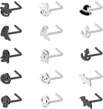 ZS 15Pcs Stainless Steel Black Corkscrew Nose Stud, 20G Halloween Corkscrew Nose Rings Studs, L-shaped Nose Rings Ghost Skull Bat Nose Piercing Jewelry for Women Men (Black+Sliver,L-shape)