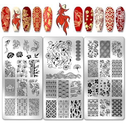 PH PandaHall 3pcs Koi Nagel Stamping Platten, East Lotus Nail Stamper Plum Bossom Nail Art Stencils Druck Nagelschablonen Edelstahl Nagelbildplatte für Nail Art Design Maniküre Salon