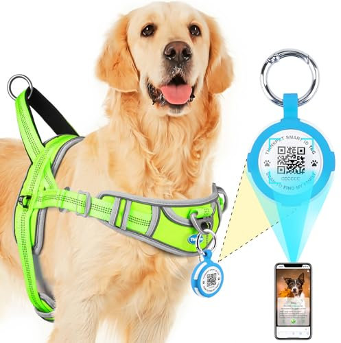 ThinkPet Hundegeschirr für große Hunde ohne Zug mit QR Code, AirTags Holder Smart ID Tags, verstellbar, reflektierend und atmungsaktiv, mit Front-Clip Griff für die Ausbildung M Grün