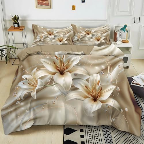 Sets de Housse Couette en Coton Microfibre 140x200 cm Fleur De Lys Beige Parure de Lit 1/2 Personnes pour lit avec Fermeture Éclair, Housse de Couette avec 2 Taies d'oreiller