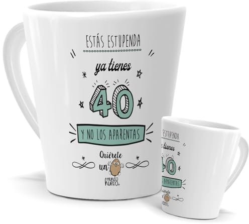 Taza Feliz 40 años | Taza Cónica 350 ML | Ya tienes 40 y No los Aparentas | Tassa con Frases Motivadoras 40 años Mujer | Taza de Té, Café ... | Regalo de Cumpleaños | Taza Cerámica Purpurina Plata