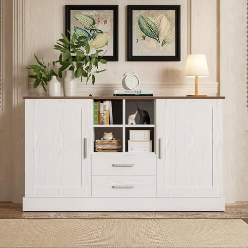 SHUGUANG Sideboard 140 x 40 x 79,5 cm, Kommoden mit 2 Türen, 2 Schubladen and 4 offene Regale, Rustikaler Moderner Stil Buffetschrank für Wohnzimmer, Flur, Weiße und Braune Holzmaserung Küchenschrank