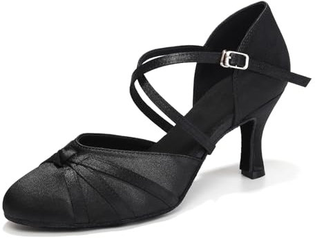 VCIXXVCE Damen Tanzschuhe Schwarz Geschlossene Satin Salsa Tango Ballsaal Latein Tanzschuhe mit 7cm Absatz Wildledersohle, 42 EU