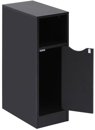 PCGAGA Slim Bedside Table with Door Storage, Small Bedroom Storage Cabinet Bedside Lamp Table Narrow Nightstand for Bedroom (Plain, Black, Slim)