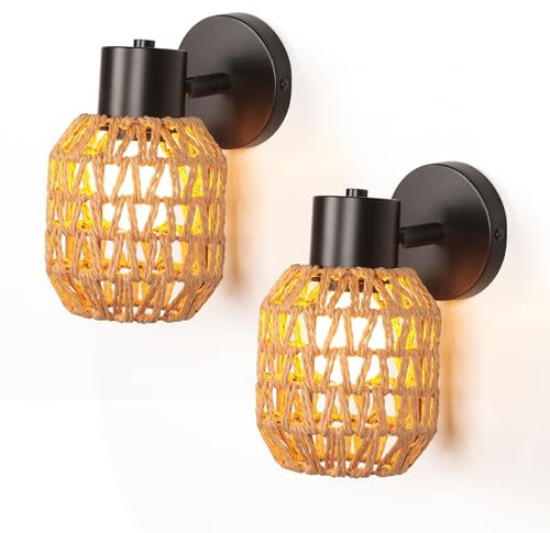 LIGKIN 2 Stück Wandleuchte Vintage Industrielle E27 Wandleuchte Wandschirm Kreative Zylindrische Lampenschirm Metall Rotation Design Wandlampe Rattan Retro für Korridor Treppe Küche