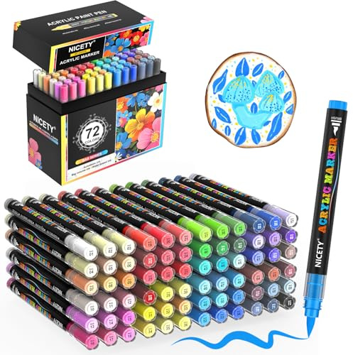 NICETY 72 Colours Acrylic Paint Pens - Brush Paint Markers for Rock Painting Stone Wood - Brush Tip Water Based Acrylic Markers