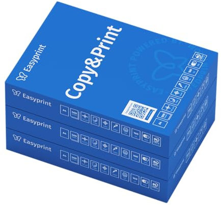 Easyprint - Carta per stampante, 1500 fogli, 3 x 500 A4, bianco brillante, CIE 160, vincitore del test PEFC