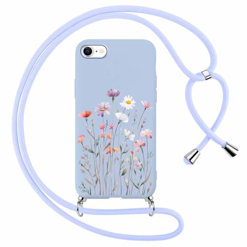 Yoedge Handyband Handyhülle für iPhone 7/8/SE 2020/SE 2022 Hülle mit Band, Aesthetic Blumen Muster Flower Design,Schutzhülle mit Kordel zum Umhängen Silikon Case Handytasche Kette Cover 4,7,Blau