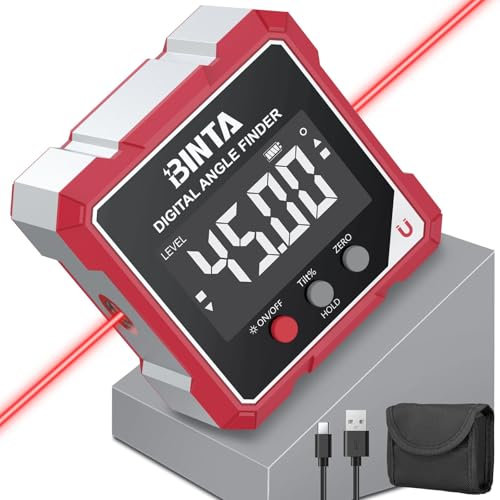 BINTA Magnetic Digital Angle Finder with Laser, Rechargeable IP54 Waterproof Dustproof Digital Angle Gauge Inclinometer, Table Saw Miter Angle Gauge for Woodworking Machinery DIY(Class II Laser <1mW)