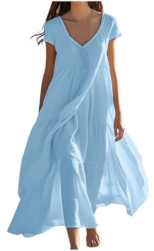 Femme Robe Boheme Chic Coton Lin Manches Longues/Manches Courtes Robe Col V Elegant Robes Swing D'éTé Plage DéContracté Maxi Robes Grande Taille Couleur Unie BohèMe Mi-Longue Dress