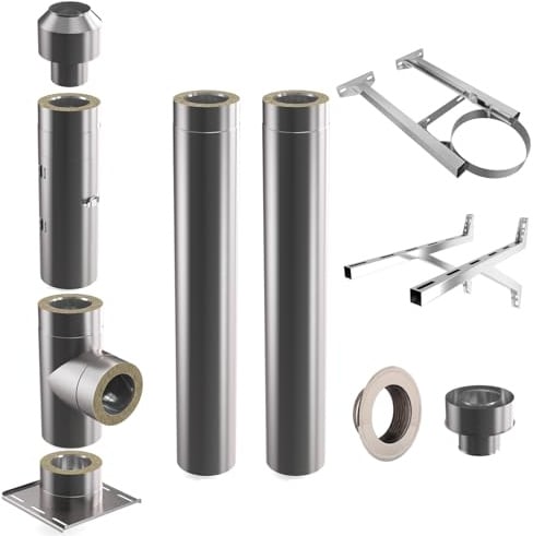 Edelstahlschornstein | Ø 150mm | Bausatz in allen Längen und Wandabständen | Edelstahl Schornstein Doppelwandig | Kaminbausatz Komplett |Steck-fit| wandabstand 350-520mm | 2.8m