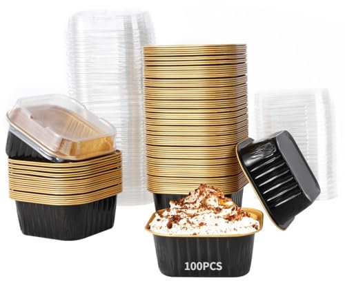 Texvora Lot de 100 gobelets à dessert en aluminium avec couvercles, ramequins à muffins jetables, boîtes à cupcakes carrées pour fêtes, pique-niques et pâtisseries