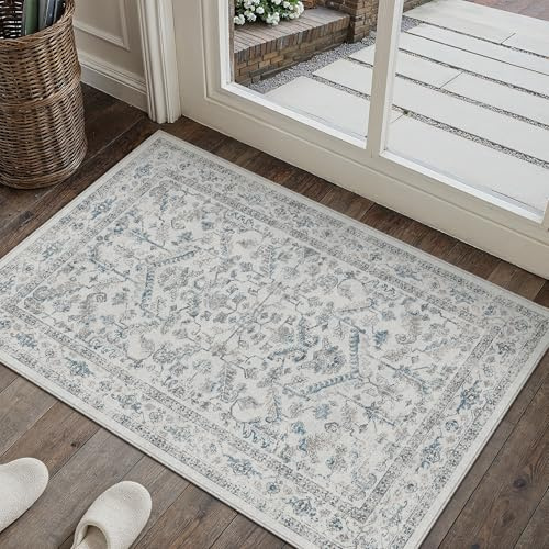 PureCozy Vintage Blau Fußmatte Teppich 60x90cm Waschbar | Waschbarer Teppich, Weich Rutschfest, Kurzflor Boho, für Schlafzimmer Esszimmer Büro, Kleiner Carpet