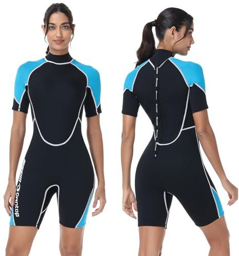 Owntop 1,5mm Shorty Neoprenanzug Damen Herren Kurz - Rücken-Reißverschluss Wetsuit zum Tauchen Surfen, Kurzarm Taucheranzüge Stretchen Neopren für Wassersport, Damen Blau M