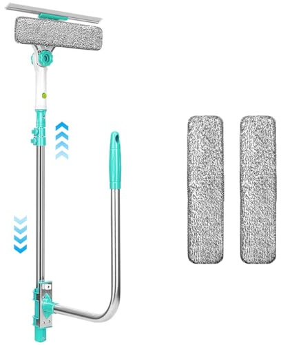 Outside Window Cleaner U Shaped Extendable Squeegee For Window Cleaning Detachable Rotatable Enlarged Glass Squeegee from Inside with 2 Pcs Wiping Cloth Replacement, Clean Outside From Insid