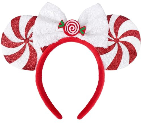 Weihnachten Ohren für Frauen Erwachsene Kinder Pfefferminze Bonbon Weiß Rot Glitzer Park Ohren Weihnachten Stirnband für Weihnachtsfeier Zusammenkunft Cosplay Kostüme Zubehör(weiße Süßigkeiten)