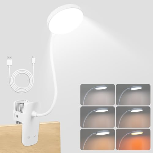 Akku Leselampe Bett mit Klemme, 36 LED Klemmleuchte, 6 Farbtemperaturen | 1300K Bernsteinlicht, 5 Helligkeitsstufen, 1800mAh, 360° Schwanenhals, USB Wiederaufladbar, Weiß