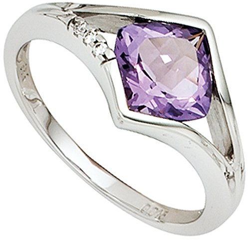 Jobo Damen-Ring aus 14 Karat 585 Weißgold mit Amethyst und 3 Diamanten Größe 60