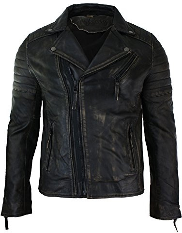 Mens Slim Fit Cross Zip Retro Vintage Brando Real Leather Jacket Vintage Biker