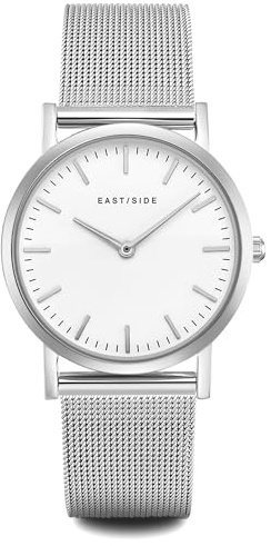Eastside Damen Uhr Metall-Legierung Silber Quarzwerk 3 ATM | Edelstahl Armband, silber, Milanaise, Zifferblatt weiß, Mineralglas, Armbanduhr, Fashion-Uhr
