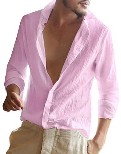 ORANDESIGNE Uomo Camicie Sottile Maniche Lunghe Causal Slim Fit Shirts da Spiaggia Estate Morbida Traspirante Lino Camicia Rosa Small