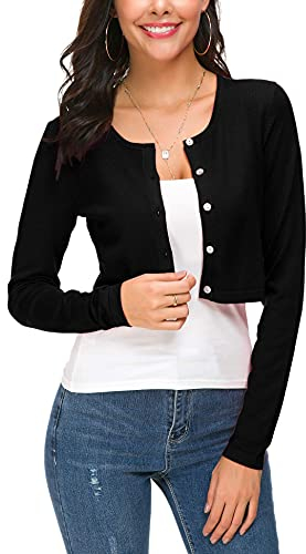 EEVASS Donna Elegante Maniche Lunghe Breve Coprispalle Bottoniera Girocollo Maglia Cardigan (XL, Nero)