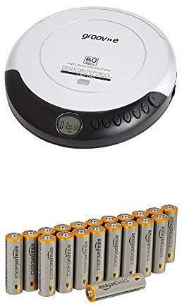 Groov-e Retro Personal CD Player with 20 Track Programmable Memory, LCD Display, Anti-Skip Protection and Earphones Included - Silver with Amazon Basics Batteries