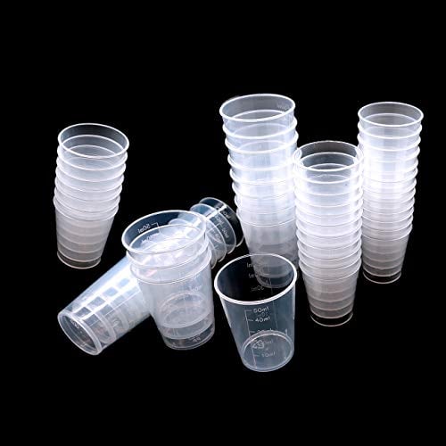 YuChiSX 50 Pack DIY Clear Plastic Measuring Cups,Kitchen Lab Clear Plastic Graduated Beaker Measuring Cups Tool for Mixing Paint, Stain, Epoxy, Resin(30ml-30 Pack,50ml-20 Pack)
