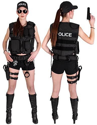 Black Snake® Damen Kostüm SWAT POLICE FBI SECURITY | Einsatzweste, Gürtel, Beinholster, Cap, Handschellen - POLICE - XS/S