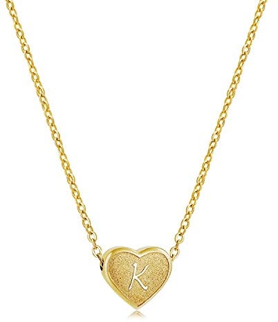 CHENGMEN Initial Necklace Alphabet Letter K Engraved Tiny Cute Matte Heart Pendant White Gold Plated Stainless Steel Gold Necklaces Unique Jewellery for Women Girls
